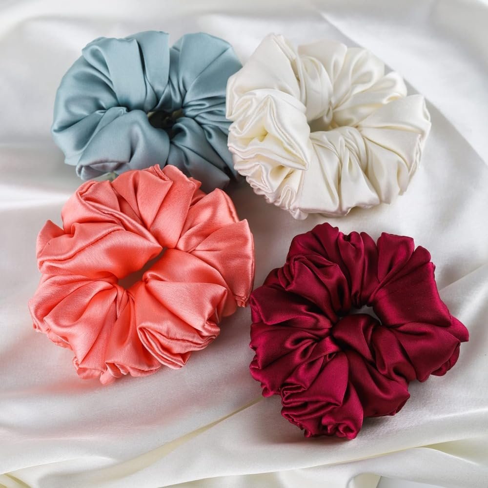 Silvr Bear Luxury Satin Scrunchies Set for Women, Girls | Anti-Hair-Breakage Hair Ties