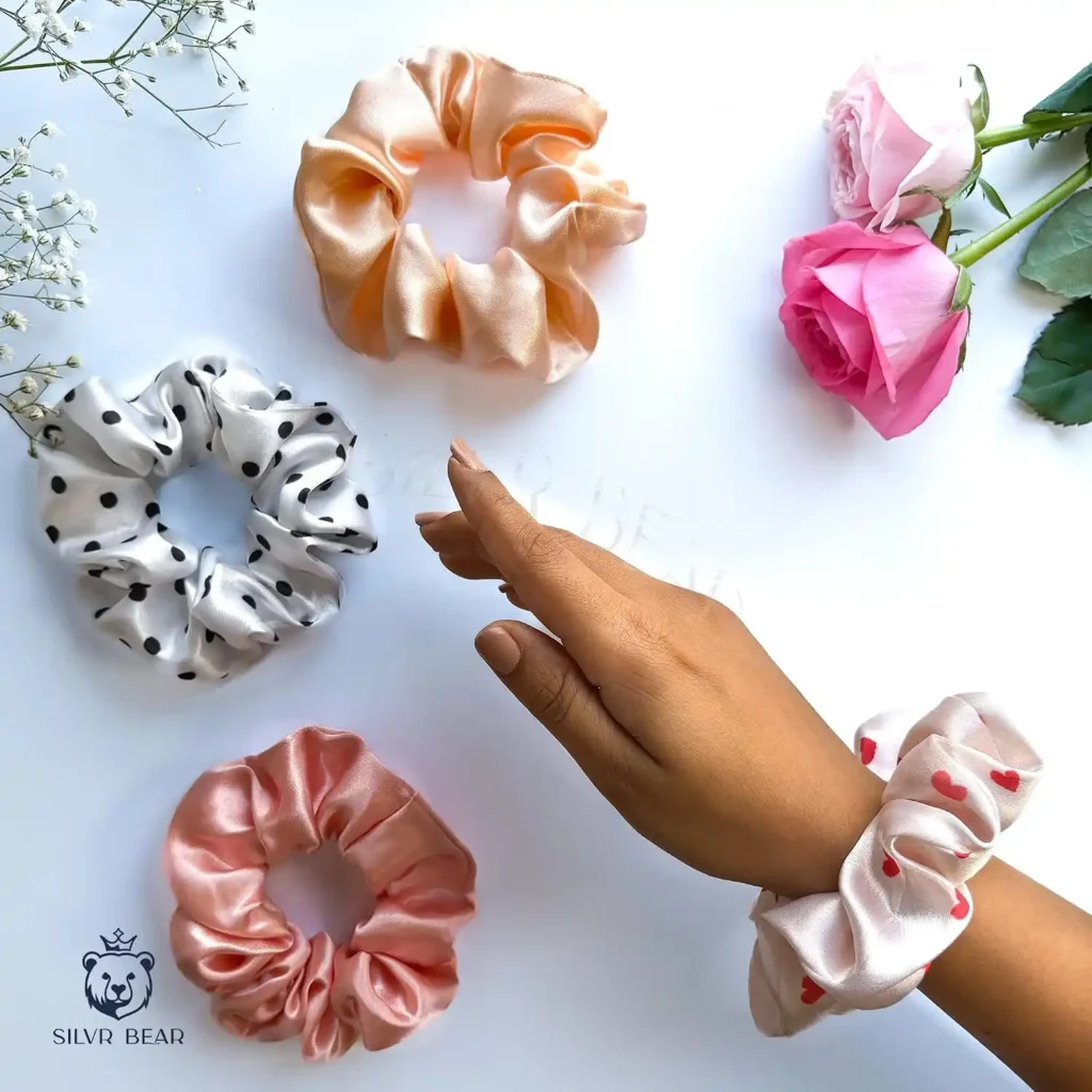 Atrube Pack of 4 Dual & Triple Tone Silk Satin Scrunchies Combo – Large Hair Ties for Women & Girls