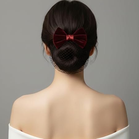NNish Velvet Bow Hair Bun Cover – Professional Snood Hair Net with Barrette Clip for Women, Girls, Flight Attendents
