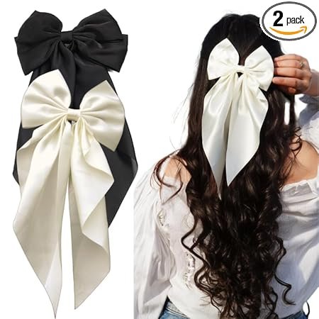 2 Pack Black and Off White Hair Bows – Bow Clips for Women and Girls – Luxury Silky Satin Barette Hair Clip – Cute Hair Accessories
