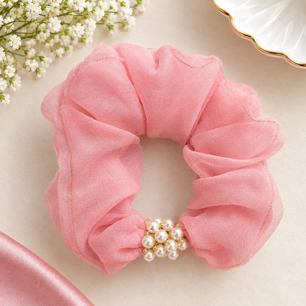 EMBLISH pink scrunchies with pearl