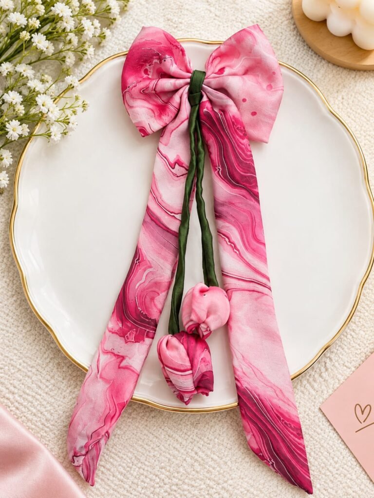 ELEGANT marble print satin bow with tulip bow